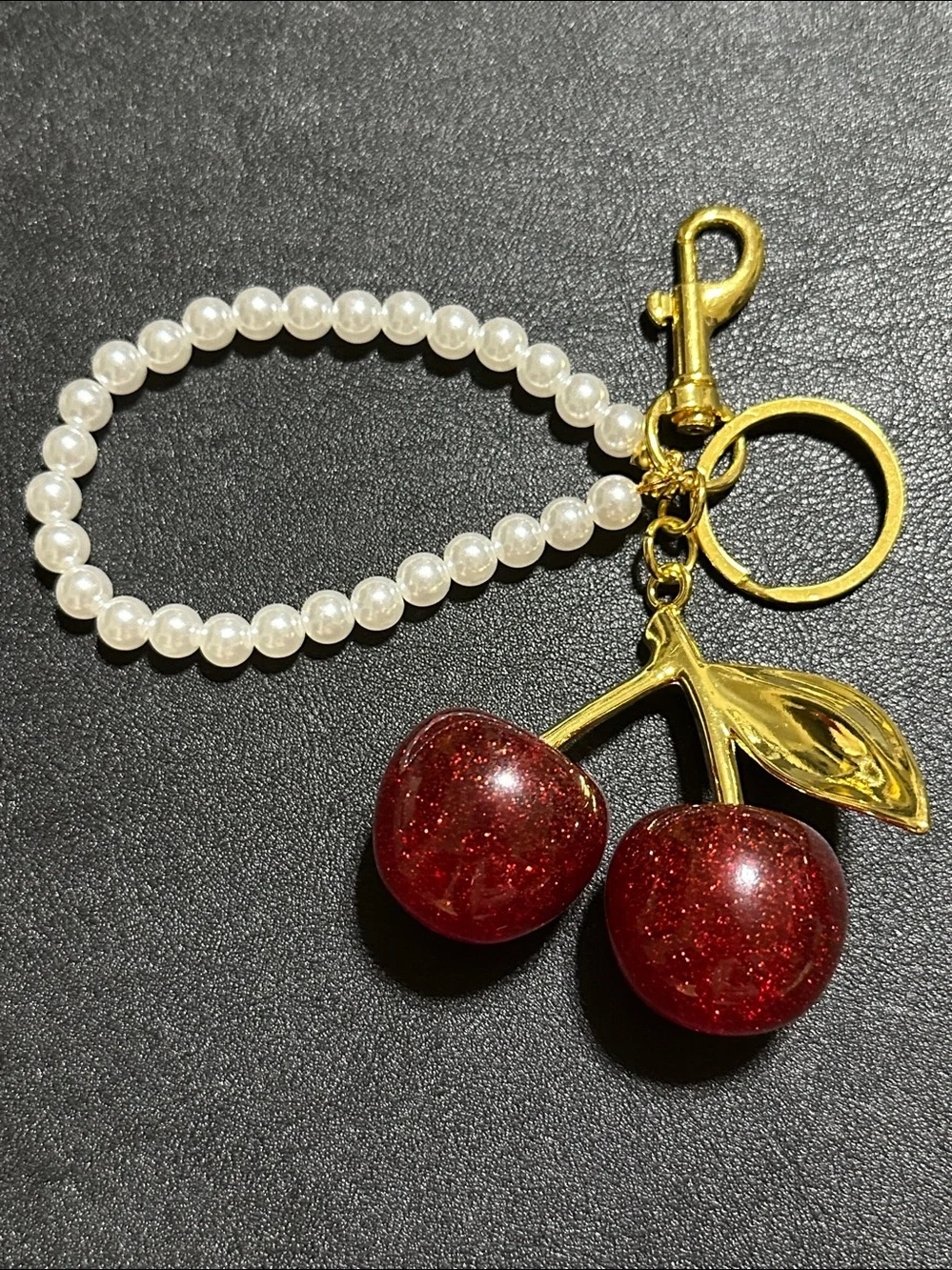 223.  Cherry Gold Tone Key Chain / Bag Charm With Faux Pearl Wrist Strap